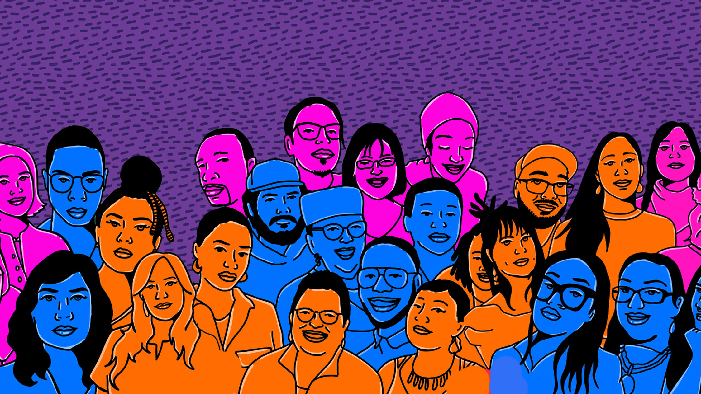 A group of colorful cartoon images of artists stand in front of a purple textured background. The artists are pink, blue and orange with various joyful expressions.